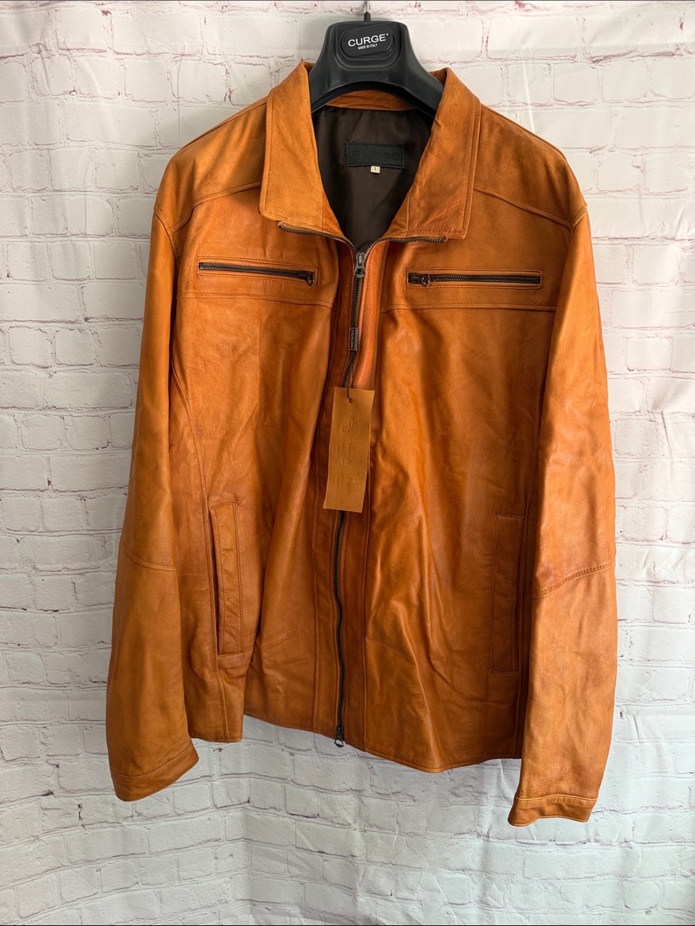 Italian Leather Leather Bomber Zip Up Jacket by CURGÉ in Cognac Mens Size L NWT